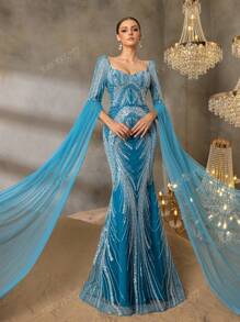 Faeriesty Faeriesty Elegant Evening Gown With Heart-Cut Neckline & Ethereal Sheer Sleeves - Mermaid Silhouette Formal Dress With Embellished Train - For Red Carpet Galas, Luxury Weddings, Diplomatic Balls