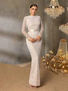 Faeriesty 优雅长袖串珠亮片晚礼服——修身剪裁，配腰带、薄纱垂褶袖和及地鱼尾裙摆，适合奢华婚礼、盛大晚宴、正式晚宴和名人活动。 - 香檳色 - 查看 6