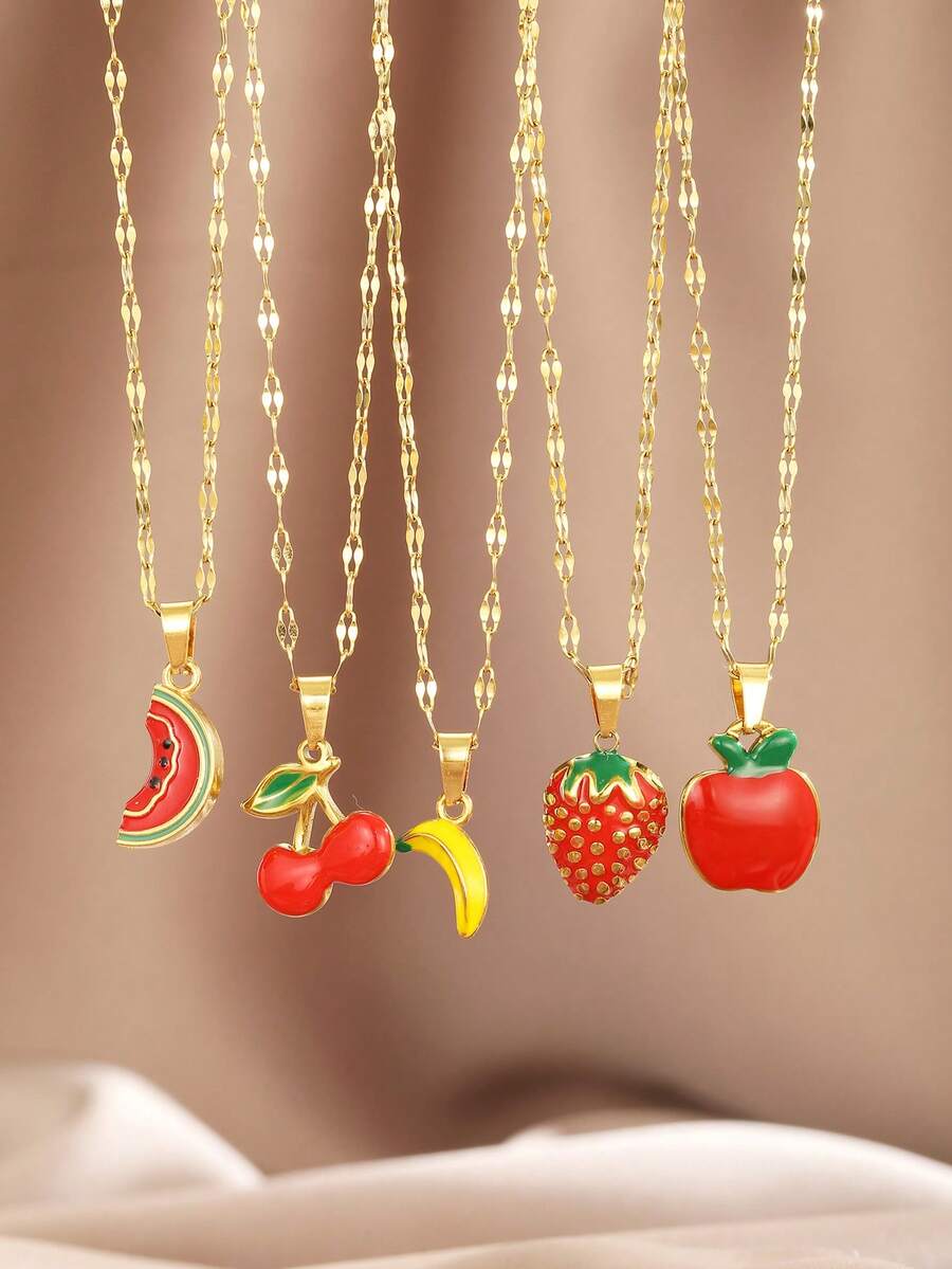 1 件甜美夏日水果系列苹果草莓樱桃香蕉西瓜吊坠不锈钢嘴唇链锁骨链项链适合男孩女孩夏季旅行学校日常佩戴时尚优雅珠宝 - 彩色 - 查看 1