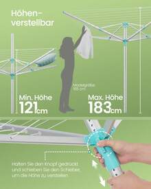SONGMICS Wäschespinne, Wäscheständer, höhenverstellbar, 50 m Wäscheleine, für 5 Waschmaschinenladungen, Outdoor, Garten, mit Bodenhülse, Wäscheklammern, silbern-grün - Silbern-Grün - Übersicht 3