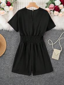 欧美风女款V领纯色蝙蝠翼短靴配纽扣连体裤 - 黑色 - 查看 5