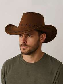 1pc Women's Denim Hat, Fashion Leather Heart-Shaped Crown Rolled Brim Cowboy Hat, Unique Outdoor Travel Party Performance Cap, Paired With Wide Belt & Bull Head Metal Belt Decor, Unisex Versatile Style - Brown - View 2