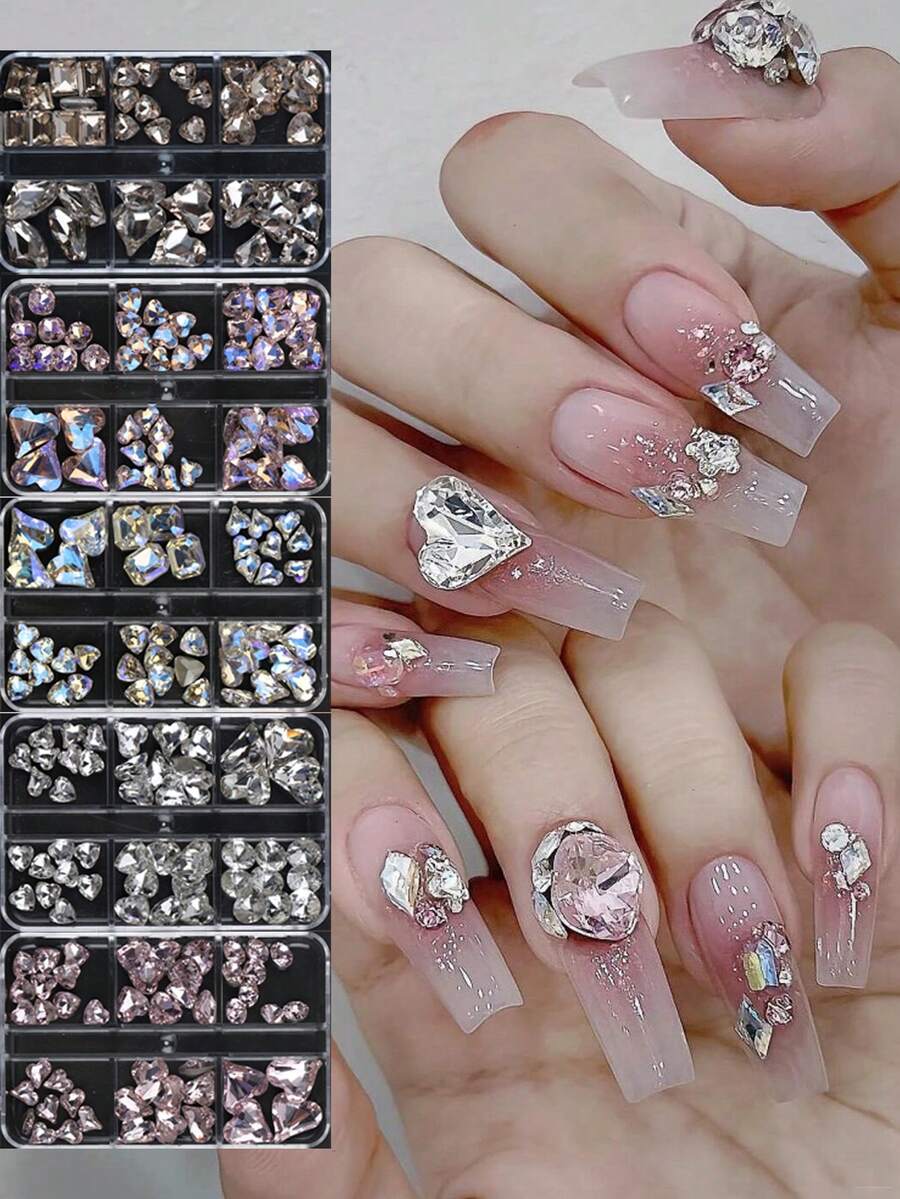 55 Pack 3D Heart Nail Charms Rhinestone Pointed Bottom Jewelry Peach Heart Crystal Nail Charms Diy Nails Decoration Art Gems Manicure Tool Accessory For Women And Girls Fingernail Nail Supplies Nails