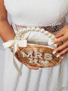 定制名字，珍珠装饰迷你沙滩草编包——完美新娘，理想的婚礼珍宝，新娘的礼物，单身女生的最爱！ - 彩色 - 查看 2