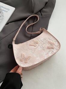 Women's Lace Crescent Moon Shoulder Bag With Butterfly Design, Armpit Bag - Baby Pink - View 11