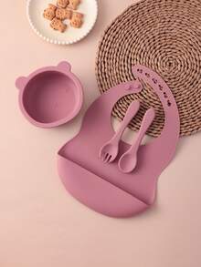 PopLittleOne 4PCS Baby Silicone Dinner Set Adjustable Bib Cartoon Bear Bowl Solid Color Spoon Fork Feeding Learning Baby Tableware - Multicolor - View 4