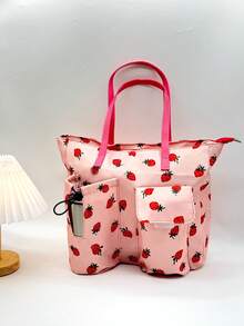 Nuevo bolso estilo coreano para botellas de agua, con estampado de fresa y floral de gran capacidad y multifuncional, bolso de hombro casual para ir al trabajo, adecuado para uso diario, viajes y transporte, puede contener una botella de agua y un teléfono