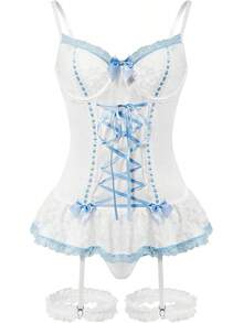 Sheer Mesh Corset Lace-Up Garter Belt Babydoll Lingerie Set - Blue - View 1