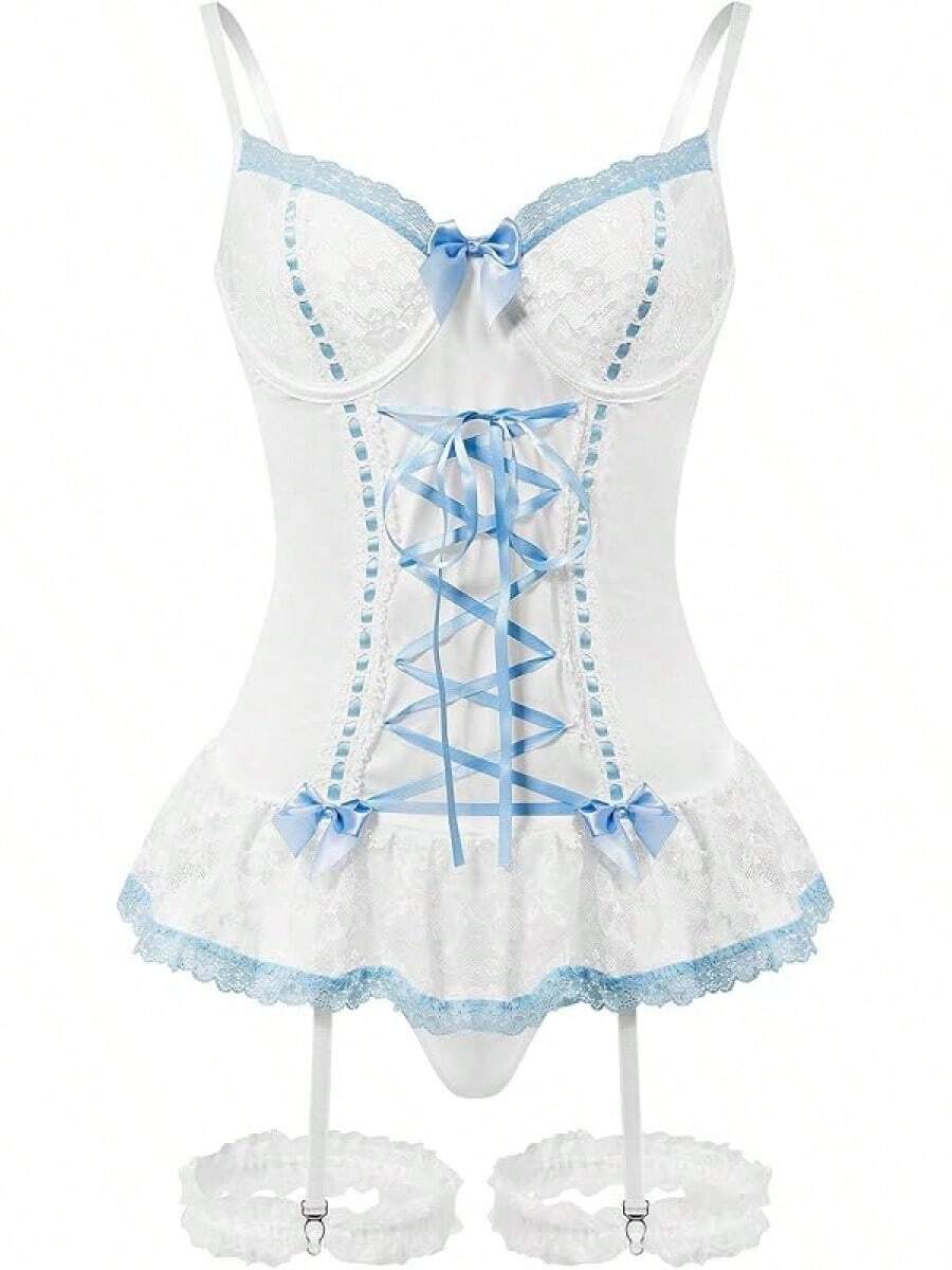 Sheer Mesh Corset Lace-Up Garter Belt Babydoll Lingerie Set - Blue - View 1