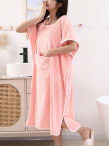 1 Coral Wool Bathrobe Solid Color Design Hooded Women's Bathrobe, Wearable Towel, Bath Towel, Robe, Women's Bathrobe, Super Soft, Absorbent, Warm, Sleepwear, Neutral Home Clothes, Home Clothes, Suitable For Home, Hotel, Bathroom, Bedroom, Spa, Swimming Pool, Party, Four Seasons Holiday Gift, Mother's Day Back To School