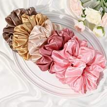 Large Silk Satin Scrunchies For Women Big Scrunchies Jumbo Satin Hair Ties Oversized Hair Scrunchies For Thick Curly Hair Pack Of 6 (Pink,Champagne,Ivory,Gold) - 香檳色 - 查看 6