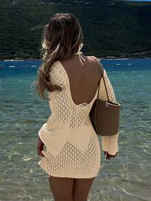 女士长袖镂空泳衣罩衫，优雅波西米亚海滩度假风，V领薄裙摆，夏季度假必备 - 杏色 - 查看 8