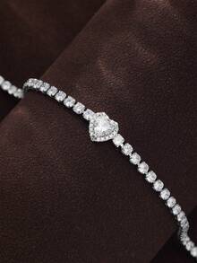 1pc 925 Silver Heart Diamond Bracelet, Pave Design Luxury Jewelry, Suitable For Commute, Date, Party, Quality Gift - Silver - View 3