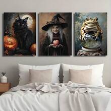 3pcs Halloween Decoration Black Cat And Jack - Lantern, Witch And Apple, Frog And Pot Wall Arts Canvas Posters, High Definition Printing Optional Frame, Living Room And Bedroom Home Decoration Hanging Paintings - Multicolor - View 3