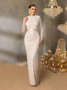 Faeriesty 优雅长袖串珠亮片晚礼服——修身剪裁，配腰带、薄纱垂褶袖和及地鱼尾裙摆，适合奢华婚礼、盛大晚宴、正式晚宴和名人活动。 - 香檳色 - 查看 3