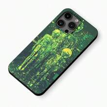 The Phone Case Features A Digital Abstract Image Of Humanoid Figures, Depicted In Vibrant Green Hues Against A Dark Background, Resembling A Futuristic Or Sci-Fi Theme. Skin-Friendly Luxury Concave Frame Lens Protection - Simple Design For IPhone 16 15 14 13 12 11 Pro Max 16 15 14 Plus