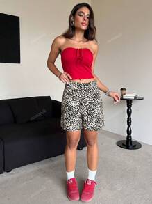 Short casual de mujer con bolsillo frontal y estampado de leopardo, para uso diario