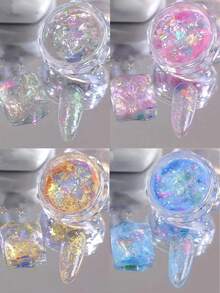 4 罐/套极光蛋白石闪光粉，4 种颜色梦幻云锦指甲艺术薄片，闪闪发光的彩虹色雪绒闪光指甲艺术用品指甲闪粉 - 彩色 - 查看 7