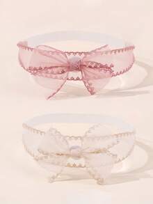 2Pcs Lace Baby Headband For Baby Girl, Clear Mesh Baby Bows Hairband, Stretchy Lace Head Band For Newborn Baby Girl, Baby Accessories. - Pink + Beige - View 1