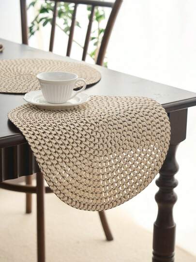 1pc Boho Style Round Placemats, Brown Line Woven With Small Cutout Design, Kitchen Table Decor Non-Slip Coasters, Suitable For Holiday Parties, Birthday, Wedding Dinners, Home Decoration