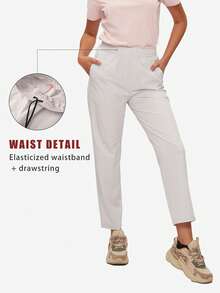 TECTOP Quần đi bộ đường dài ngoài trời cho nữ có cạp chun, 2 túi, dáng ngắn, thoáng khí và thoải mái, mùa xuân/hè - trắng - Xem 3