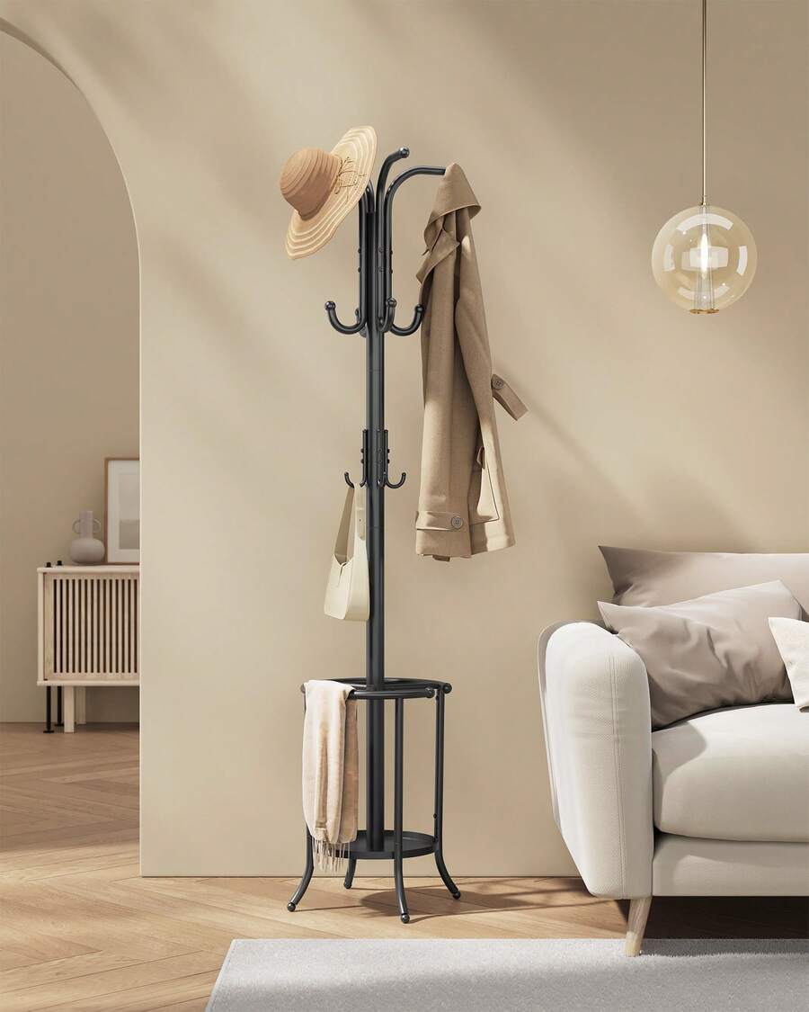 Porte-manteau, Portant à Vêtements avec Porte-parapluie, 12 Crochets, Structure Métallique, Hauteur 175 cm, pour Entrée, Salon, Chambre, Noir d'encre - Noir - Voir 1