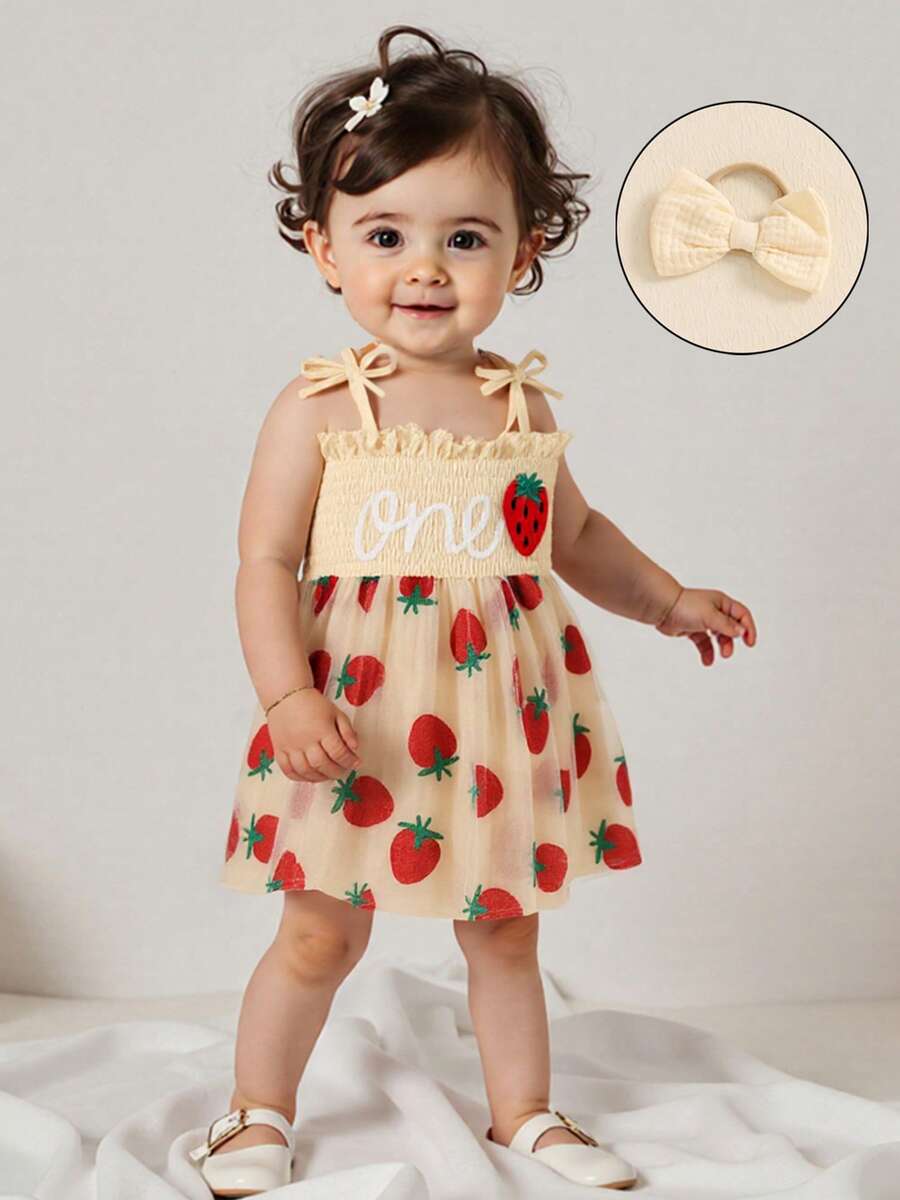 Baby Girl First Birthday Outfit Summer Sleeveless Smocked Fairy Berry One Romper Tulle Dress Baby Girl 1st Birthday Clothes One Year Old Tulle Romper Sleeveless Bodysuit Cake Smash Outfits + Headband - 米色 - 查看 1
