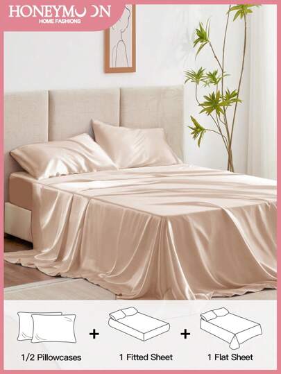 3/4-delars bäddset: 1 st. dra-på-lakan i satin + 1 st. slätt lakan i satin + 1/2 st. örngott i satin, mjukt och andningsbart, skrynkelfritt, förbättrar sömnkvaliteten, lyxig hotellstil, perfekt present till föräldrar och vänner, 9-13 tum/30 cm djup ficka, maskintvättbar, passar alla sängstorlekar - Twin, Full, Queen, King