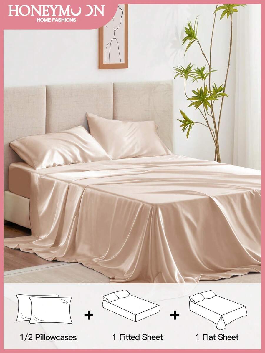 3/4件套床上用品：1件缎面床笠 + 1件缎面床单 + 1/2件缎面枕套，柔软透气，抗皱，提升睡眠质量，奢华酒店风格，馈赠父母和朋友的理想之选，9-13英寸/30厘米深口袋，可机洗，适用于所有床型——单人床、双人床、大号双人床、特大号双人床。 - 香檳色 - 查看 1