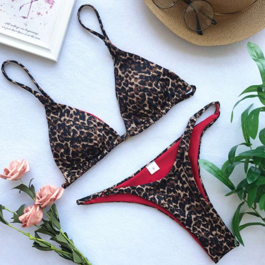 Women's Summer Two Piece Slim Fit Leopard Print Bikini Sets Push-Up Bra And High Cut Triangle Thong Cheeky Bathing Suit - Brown - View 1