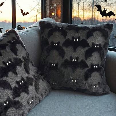 1pc 3D Plush Bat Throw Pillow Cover, Gothic Dark Halloween Witch Theme Decorative Cushion Case, 18" X 18", For Living Room Sofa Bedroom Halloween Decor, Pillow Insert Not Included
