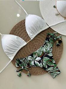 Printed Triangle Bikini With Double String Panties – Various Prints | S To XL - White Top / Green Panties - View 1