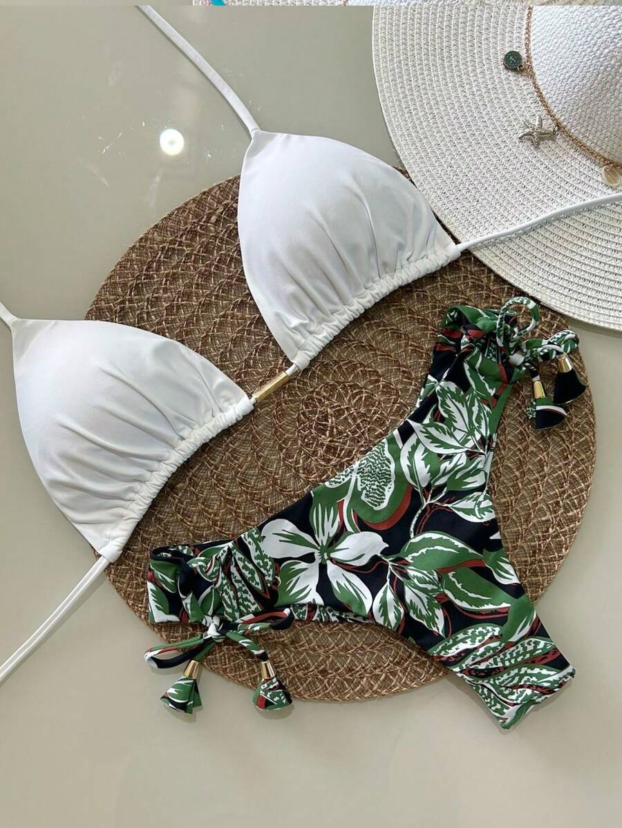 Printed Triangle Bikini With Double String Panties – Various Prints | S To XL - White Top / Green Panties - View 1