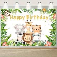 1pc Jungle Animal Birthday Party Background Jungle Animal Birthday Background Hunting Animal Theme Happy Birthday Party Decoration Jungle Hunting Rainforest Palm Leaf Birthday Party Banner
