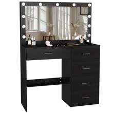 INS Style Premium Black Scandinavian-Luxurious Solid Wood LED Make-Up Mirror Table | One Piece Workstation + Large Drawer Storage | Girly Princess Make-Up Area | In Stock | Fast Delivery