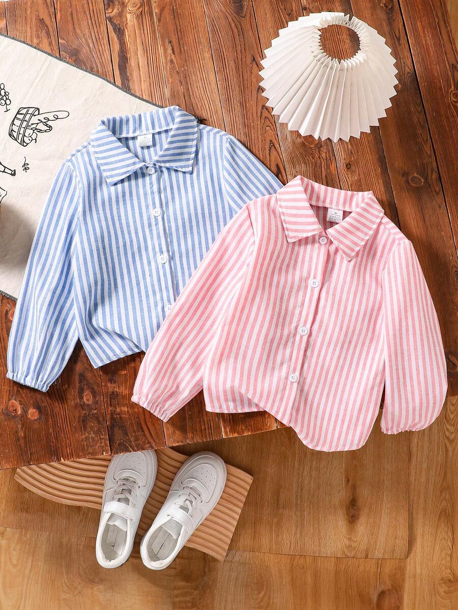 2 件年轻女孩条纹领罗纹袖口纽扣前开衫，简约时尚春秋日常休闲柔软百搭，户外休闲 - 彩色 - 查看 1