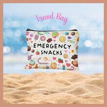 1 pieza, Bolsa de cosméticos con estampado de patrón de "BOCADILLOS DE EMERGENCIA" de dibujos animados - con cremallera, estilo universitario con patrón de galletas de caramelo, bolsa reutilizable para medicamentos para viajes y cosméticos - adecuada para la escuela, decoración del hogar, almacenamiento de joyas, estuche para lápices, bolsa para bocadillos, monedero, uso diario, cumpleaños, maestro, regreso a la escuela, ceremonia de graduación, Acción de Gracias, Navidad, regalo de vacaciones de verano, artículos escolares, bolsa de viaje para mujeres, bolsa de maquillaje para viajes