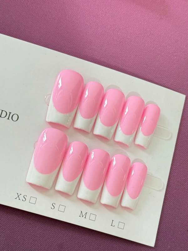 10pcs Handmade Wearable Nail Women'S Full Coverage Nail Stickers Reusable Square Medium French Pink French Handmade Nail Art For Girls And Commuting Women Simple Nail Art