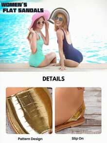 planare 女士时尚休闲沙滩风格凉鞋,带后带、露趾、圆头、露跟、舒适、金色色调和平跟(适合女士夏季使用,注意:表面图案为不对称形状)。 - 金色 - 查看 9