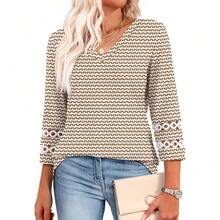 XIEERDUO 3/4 Length Sleeve Womens Tops Dressy Casual Blouses For Women 2025  V Neck T Shirts Summer Clothes - Z Brown 幾何 - 查看 1