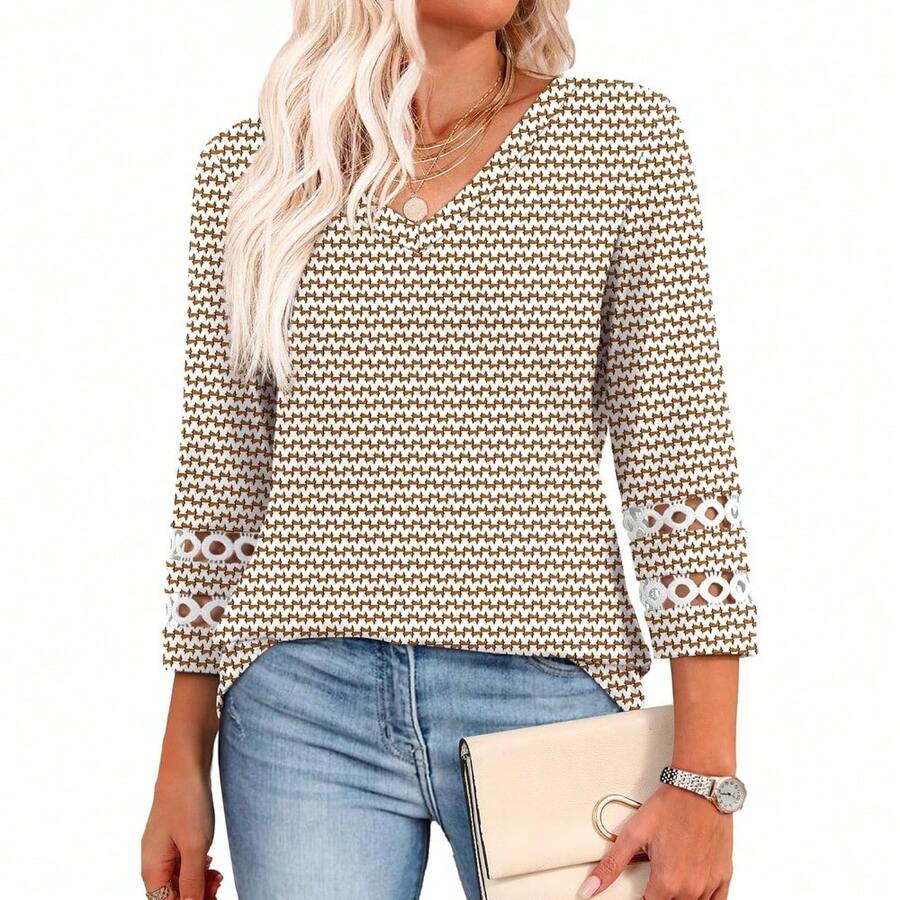 XIEERDUO 3/4 Length Sleeve Womens Tops Dressy Casual Blouses For Women 2025 V Neck T Shirts Summer Clothes - Z Brown 幾何 - 查看 1
