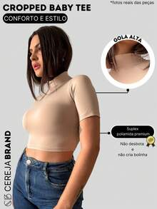 KIT 2 Cropped Gola alta Manga Curta Suplex Poliamida Festa Outono - Preto e Nude - Visão 4