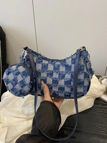 夏季新款日常休闲女包，复古时尚小容量布艺方包带拉链开口，带拉链开口零钱包，轻巧极简单肩腋下包 - 淺藍色 - 查看 2