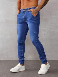 Pantalones vaqueros ajustados para hombre de color azul, tela transpirable y cómoda, ideales para estilos casuales urbanos - Azul lavado medio - Ver 3
