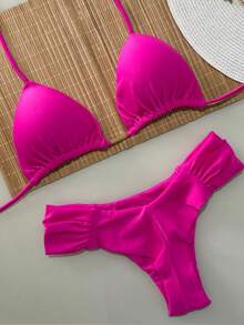 Triangle Bikini With Double Butterfly String Panties In Various Colors - Hot Pink - View 2
