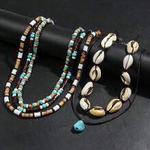 5pcs/Set Fashionable Women Vintage Style Shell, Turquoise & Coconut Shell Necklace Accessory, Beach Vacation Travel Decoration