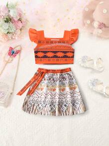 2pcs/Set Young Girls Full Print Square Neck Flare Sleeve Top And Skirt Set, Summer Lightweight Casual Dress Suit For Holiday, Travel, Outing, Gathering, Birthday Party, Princess Party, Back To School, Stage Performance And Other Events