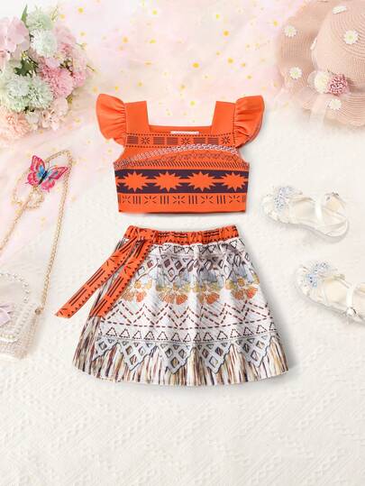 两件套女童印花方领荷叶袖上衣和半裙套装，夏季轻薄休闲连衣裙套装，适合度假、旅行、郊游、聚会、生日派对、公主派对、返校、舞台表演及其他活动