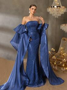 Faeriesty 奢华无肩带串珠晚礼服，飘逸披肩袖，闪耀动人，适合盛大晚宴、首映礼、婚礼等场合，尽显优雅气质。 - 藏蓝色 - 查看 9