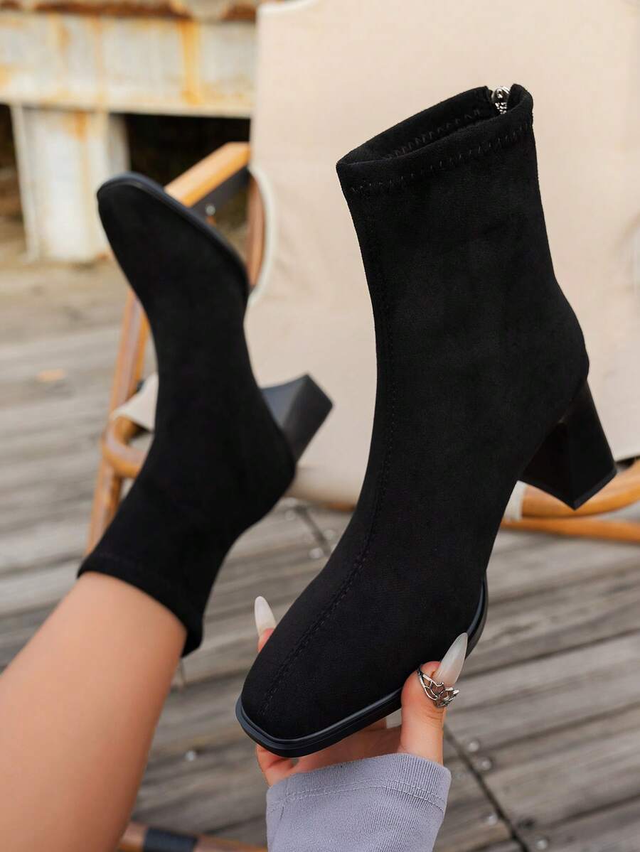 Botines de mujer de estilo francés versátiles, nuevos botines de moda con cremallera trasera y tacón grueso para otoño/invierno